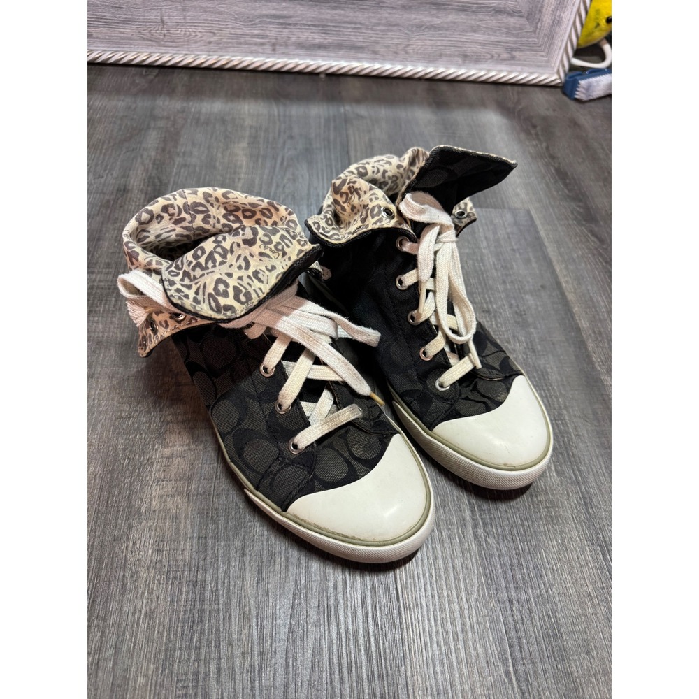 Coach Bonney Black Signature C Leopard Print Fold Over High Top Sneakers 7.5B